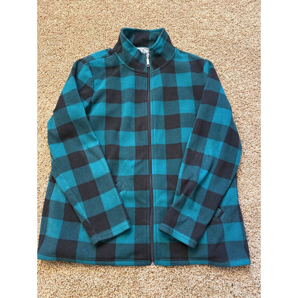 Denim & Co Buffalo Plaid Fleece Full Zip Jacket Womens Size Large